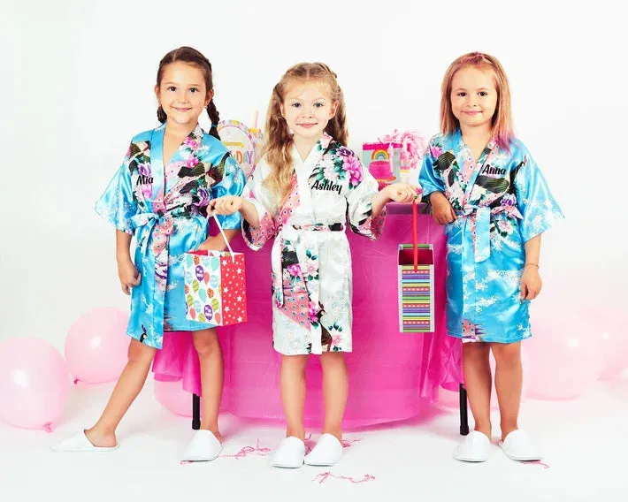 Custom Kids Floral Satin robes fro birthday sleepover parties - Script Glitter arrow and Heart