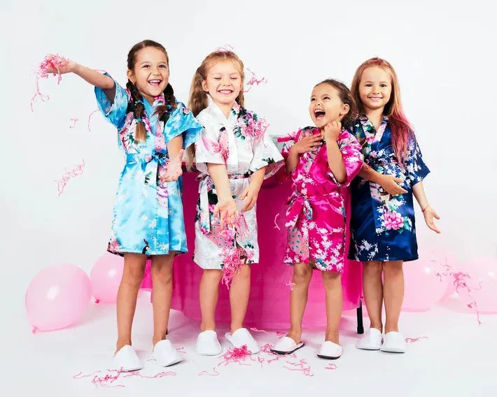 Custom Kids Floral Satin robes fro birthday sleepover parties - Script Glitter arrow and Heart
