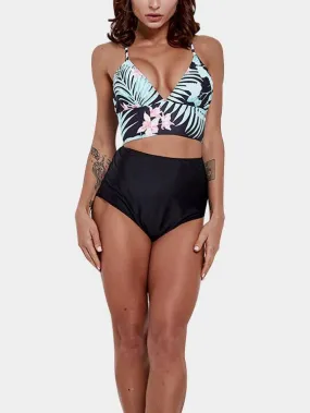Custom V-Neck Floral Print Criss-Cross Tie-Up Sleeveless Bikini Set