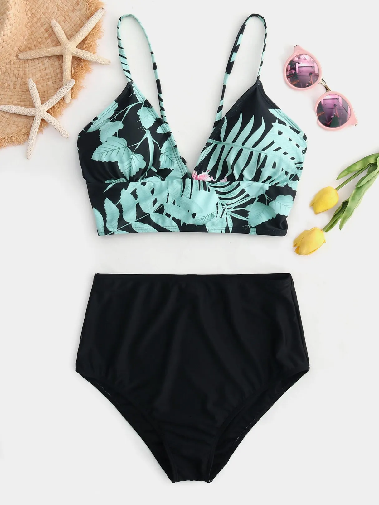 Custom V-Neck Floral Print Criss-Cross Tie-Up Sleeveless Bikini Set