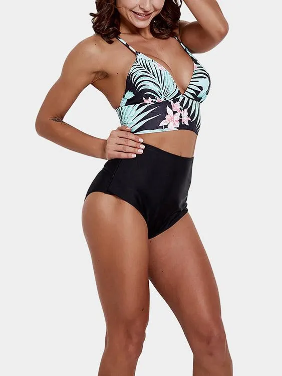 Custom V-Neck Floral Print Criss-Cross Tie-Up Sleeveless Bikini Set