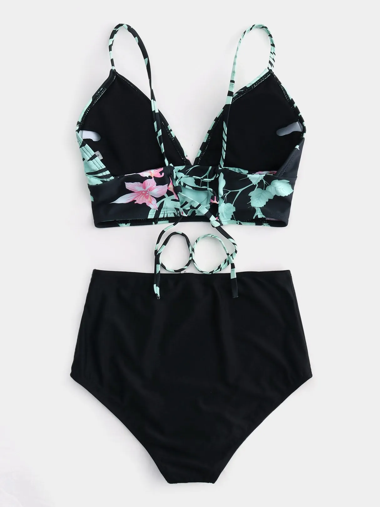 Custom V-Neck Floral Print Criss-Cross Tie-Up Sleeveless Bikini Set