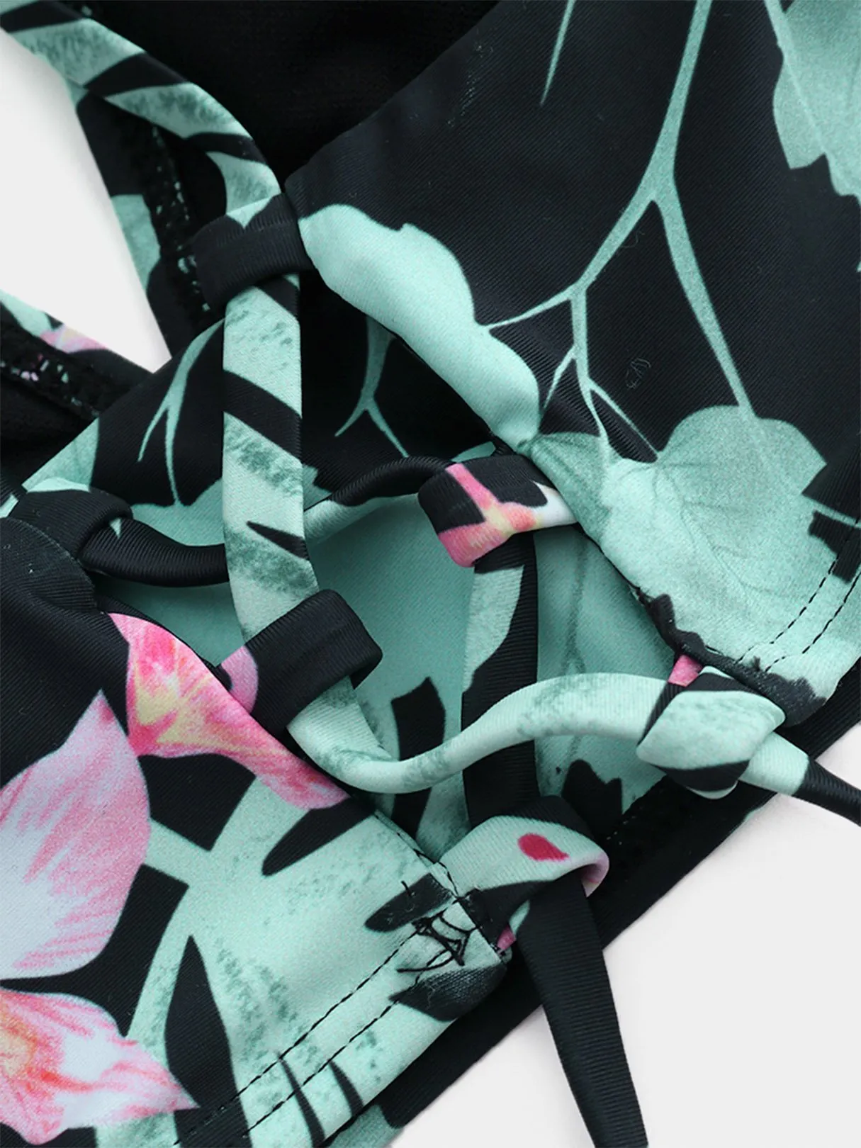 Custom V-Neck Floral Print Criss-Cross Tie-Up Sleeveless Bikini Set