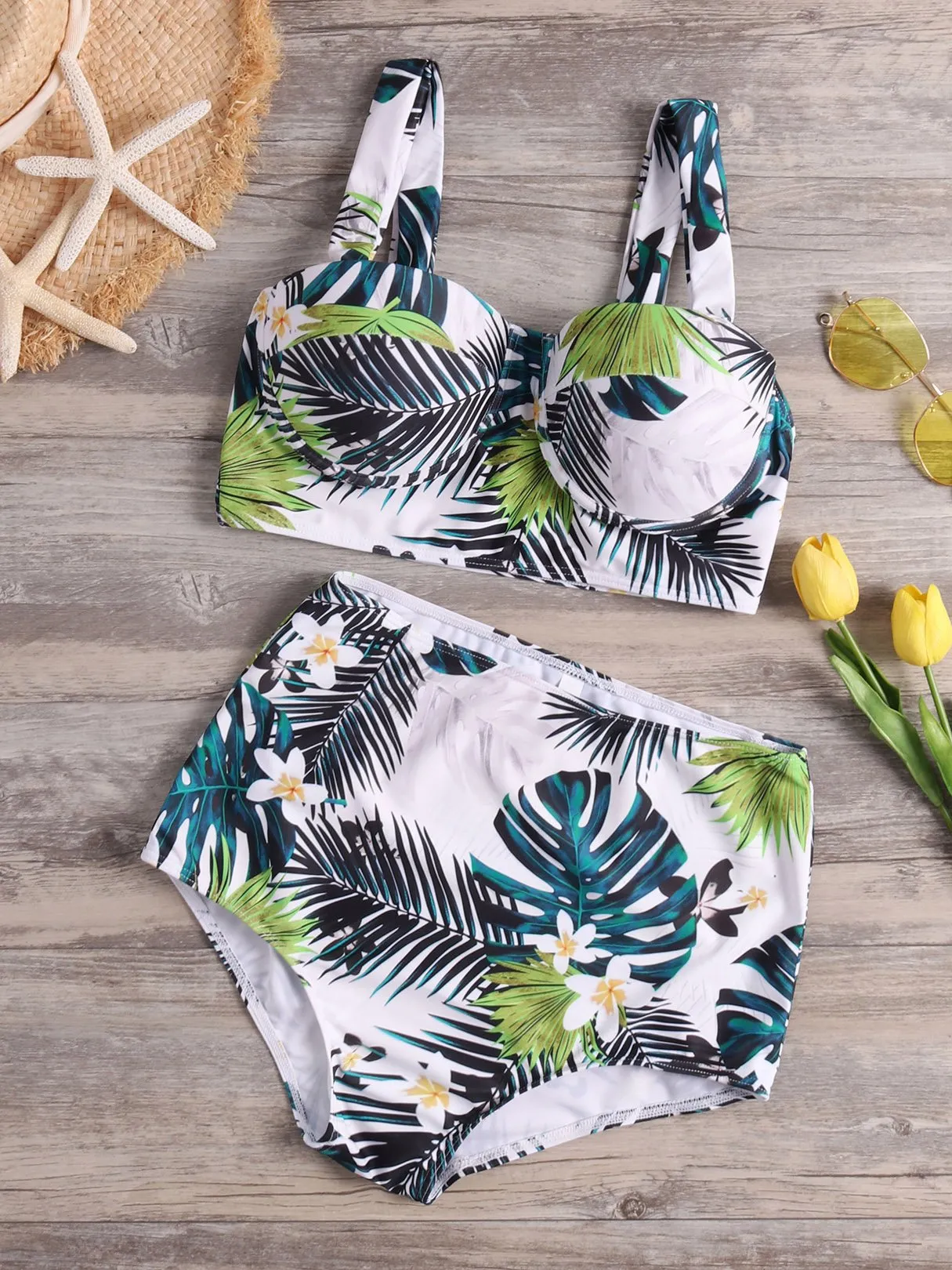 Custom V-Neck Floral Print Sleeveless High-Waisted Bikini Set