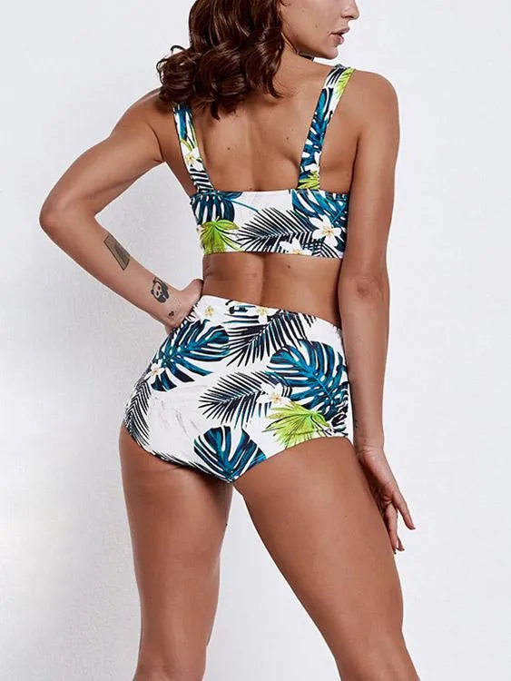 Custom V-Neck Floral Print Sleeveless High-Waisted Bikini Set