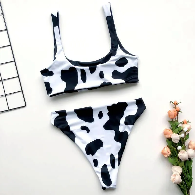 Cute Cattle Print High Rise Thong Bottom Bikinis
