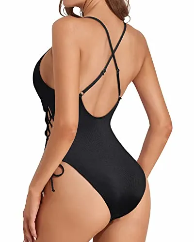 Deep Plunge V Neck Sexy One Piece Swimsuit For Women-Black
