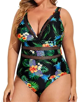 Deep V Neck Plus Size Swimsuits-Black Pineapple