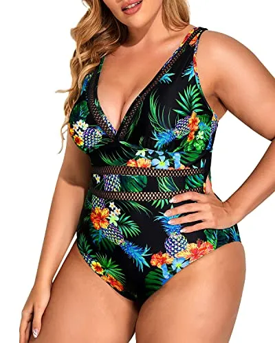 Deep V Neck Plus Size Swimsuits-Black Pineapple