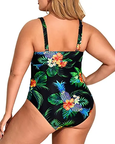 Deep V Neck Plus Size Swimsuits-Black Pineapple