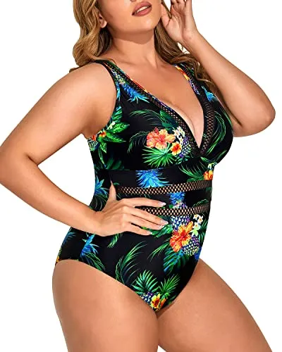 Deep V Neck Plus Size Swimsuits-Black Pineapple