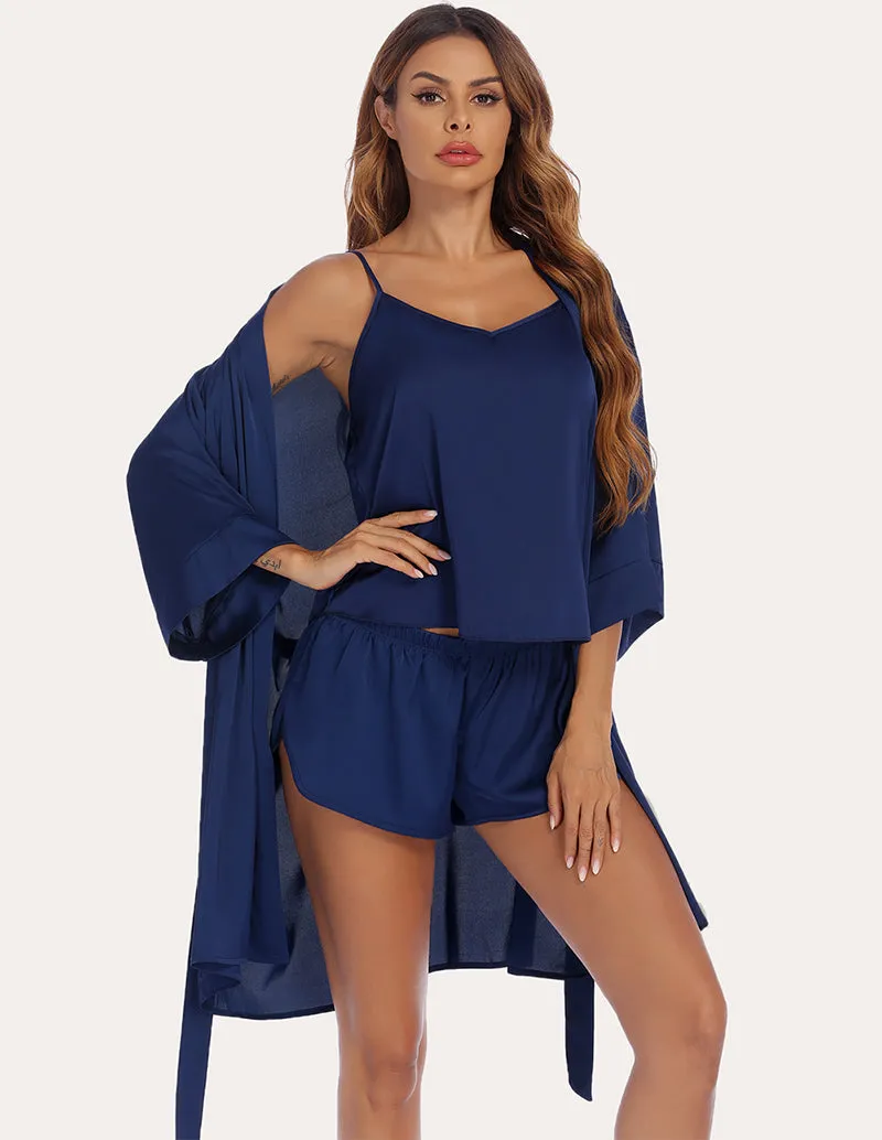 Ekouaer Silk Satin Cami with Robe and Shorts (US Only)