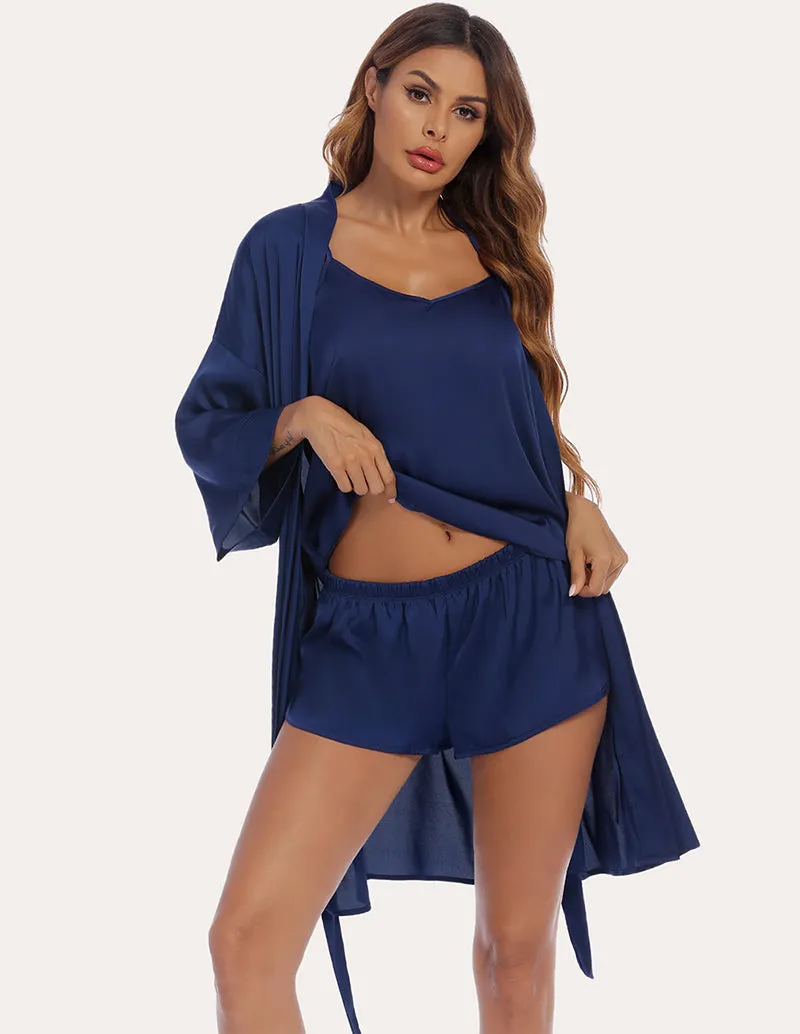 Ekouaer Silk Satin Cami with Robe and Shorts (US Only)