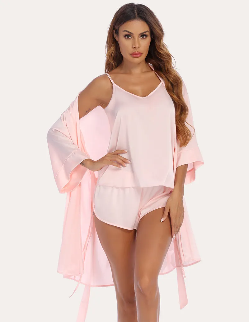 Ekouaer Silk Satin Cami with Robe and Shorts (US Only)