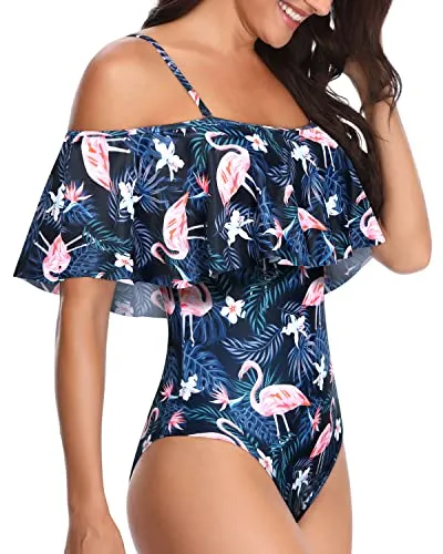 Eye-Catching Off Shoulder Ruffle One Piece Bathing Suit-Blue Flamingo