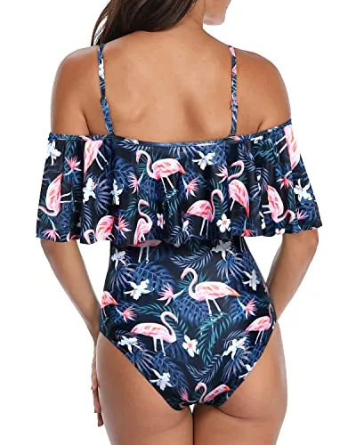 Eye-Catching Off Shoulder Ruffle One Piece Bathing Suit-Blue Flamingo