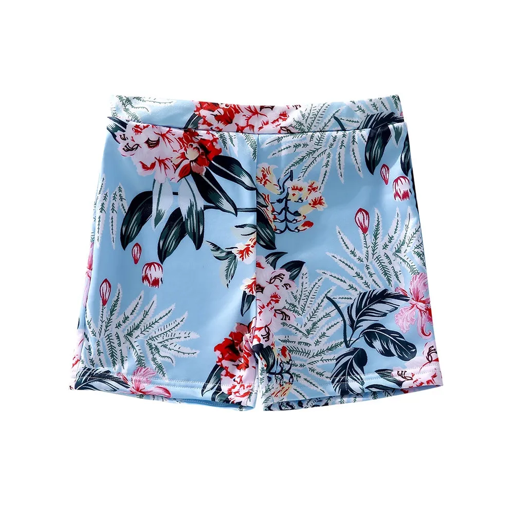 Family Matching Blue Pink Flower Printed Swimsuits
