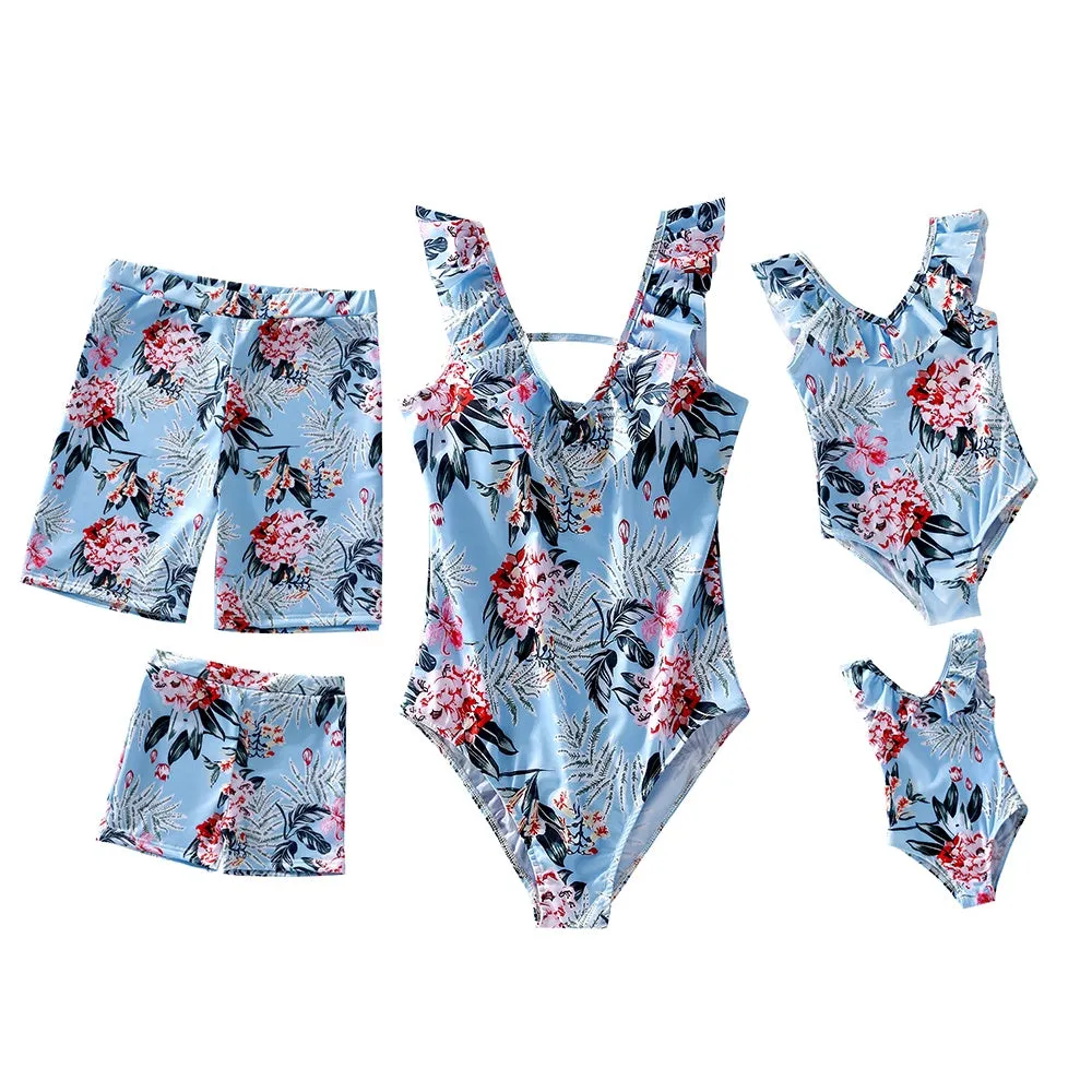 Family Matching Blue Pink Flower Printed Swimsuits