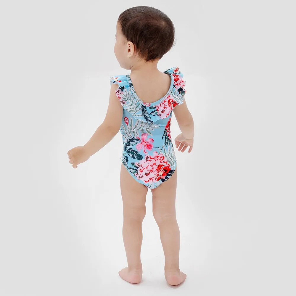Family Matching Blue Pink Flower Printed Swimsuits