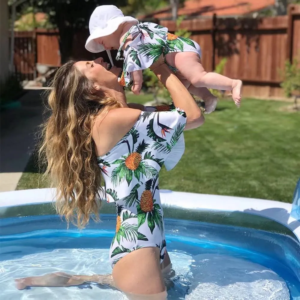 Family Matching One Piece Plant Printed Swimsuits