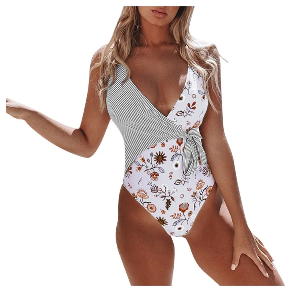 Fashion Women One Piece Swimsuit Beachwear Patchwork Swimwear