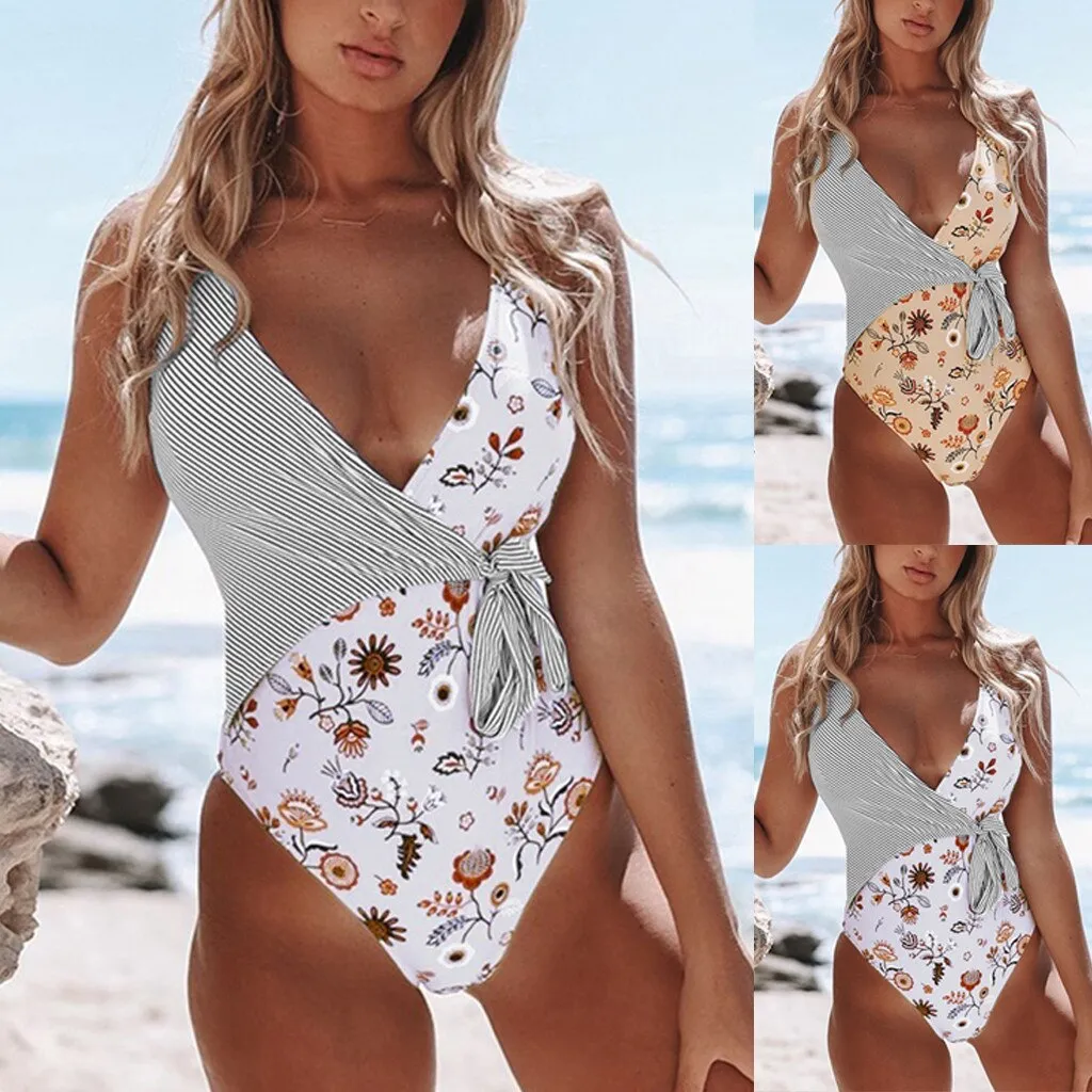 Fashion Women One Piece Swimsuit Beachwear Patchwork Swimwear
