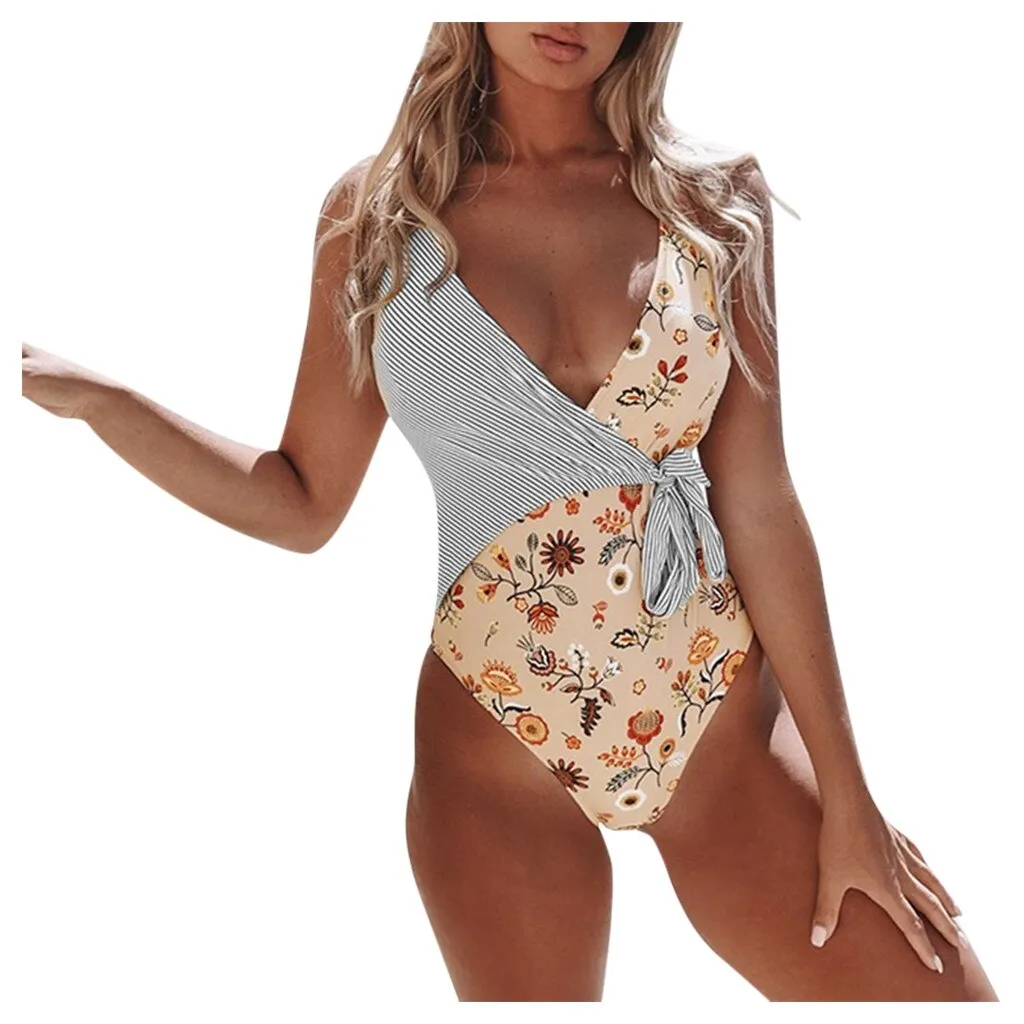 Fashion Women One Piece Swimsuit Beachwear Patchwork Swimwear