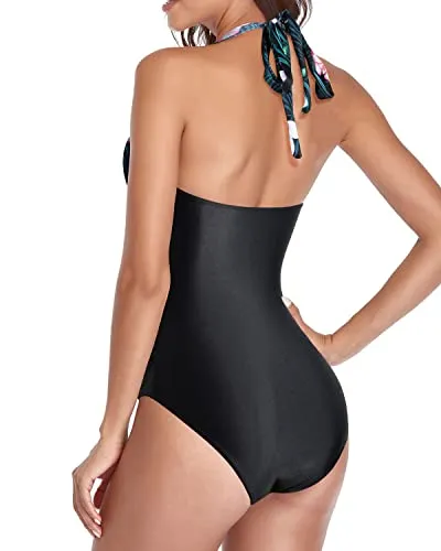 Flattering Ruched Slimming Tummy Control Bathing Suits-Black Floral
