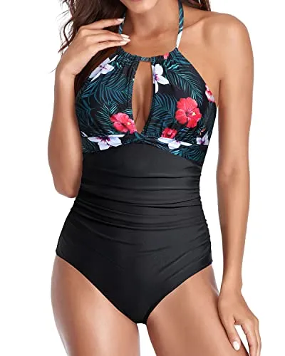 Flattering Ruched Slimming Tummy Control Bathing Suits-Black Floral