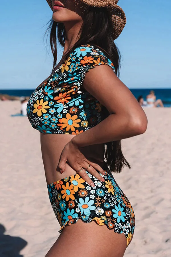 Floral Print Bright Ruffle Bikini