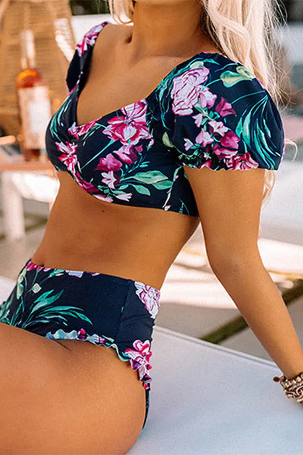 Floral Print Bright Ruffle Bikini