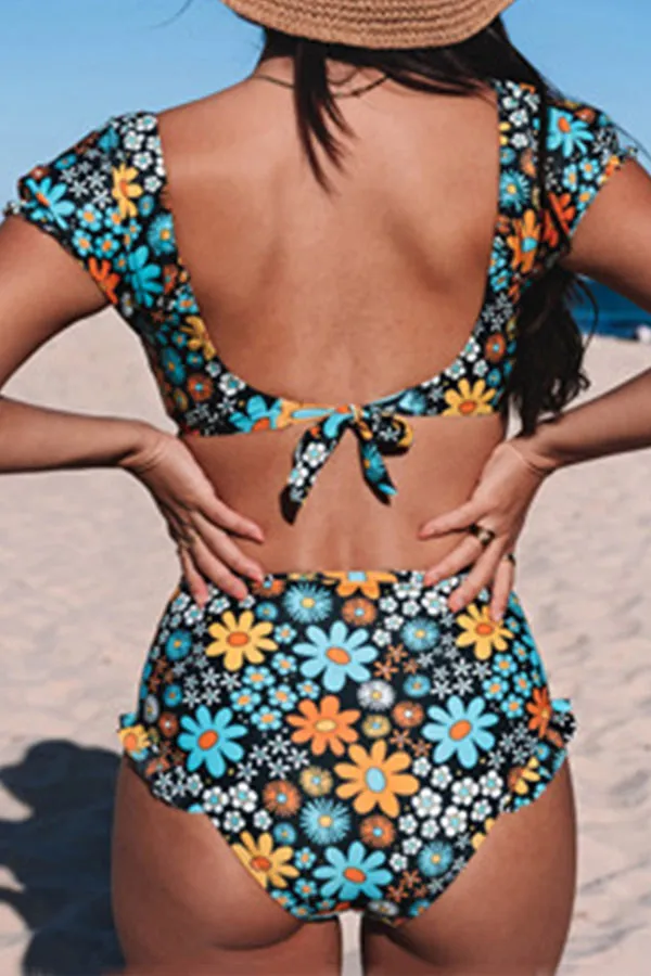 Floral Print Bright Ruffle Bikini