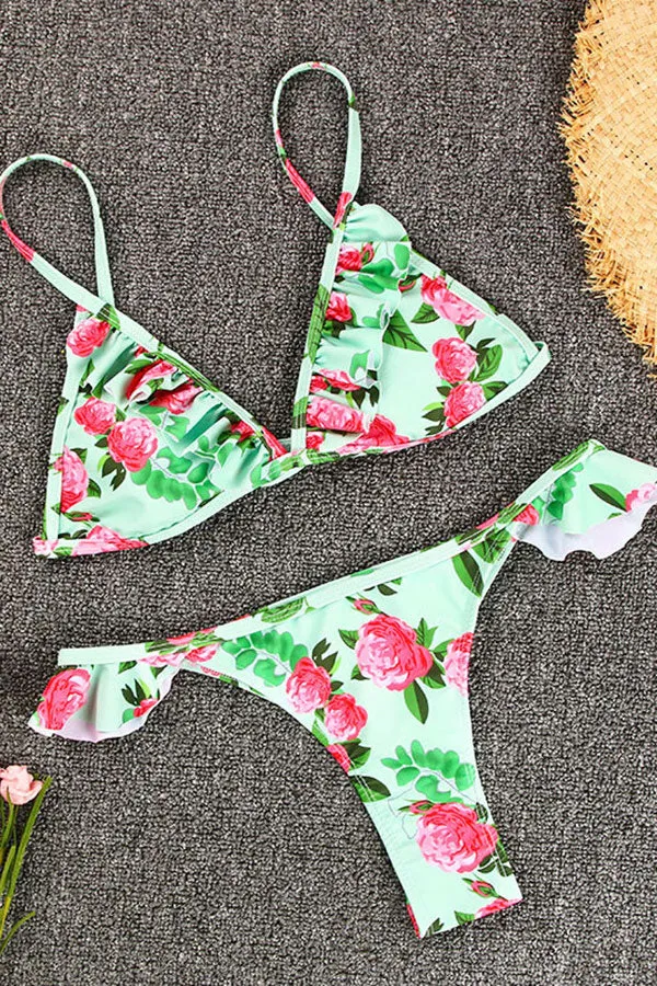 Floral Print Feminine Falbala Beach Bikini