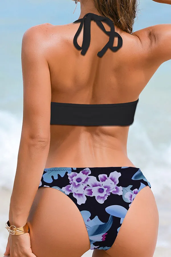 Floral Print Halter Collar Elegant Tassels Bikini