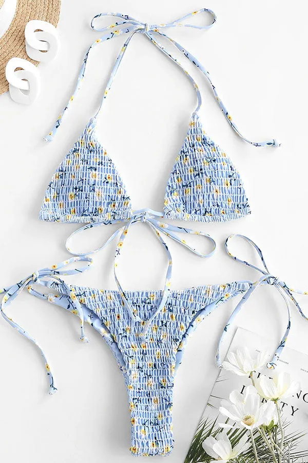 Floral Print Halter Collar Shirring Elegant Tie Side Bikini