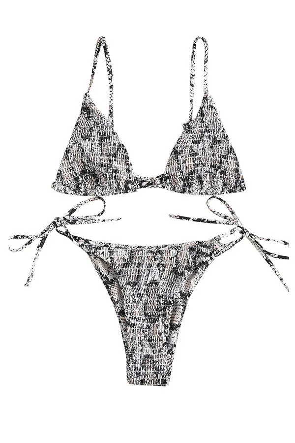 Floral Print Halter Collar Shirring Elegant Tie Side Bikini