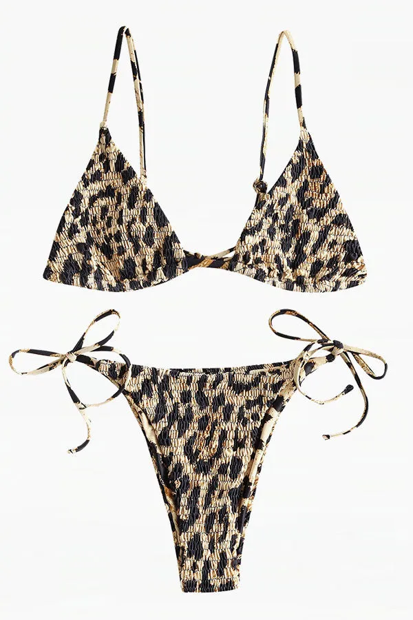 Floral Print Halter Collar Shirring Elegant Tie Side Bikini