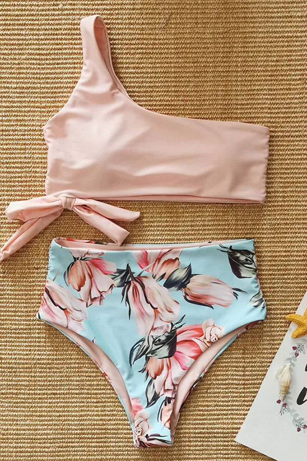 Floral Print One Shoulder Romantic Knotted High Waist Bikini