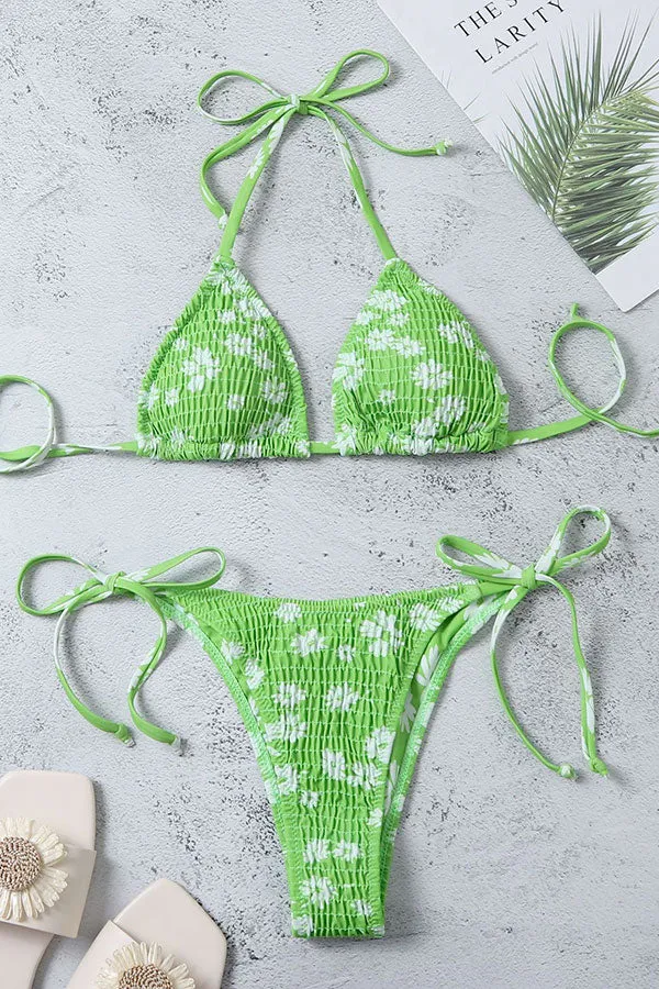 Floral Print Strap Shirred Halter Collar Girly Beach Bikini