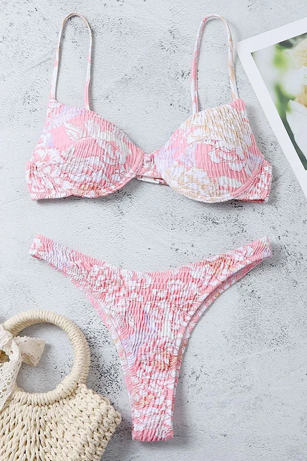 Floral Print Strap Shirred Sweet Beach Bikini