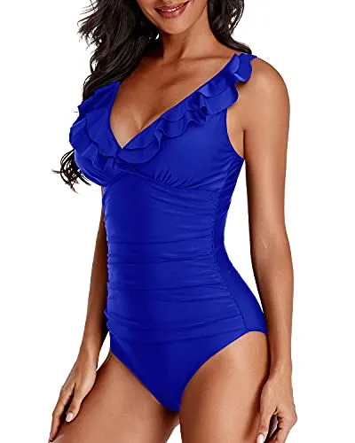 Flounce V Neck One Piece Swimsuits For Women-Royal Blue