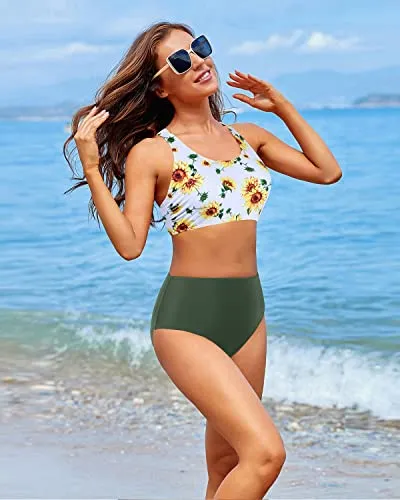 Full Coverage Scoop Neck Bathing Suit For Teen Girls-Sunflower