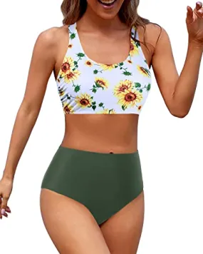 Full Coverage Scoop Neck Bathing Suit For Teen Girls-Sunflower