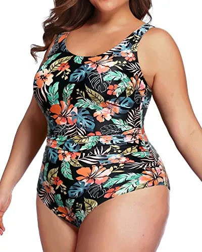 Full Coverage Tummy Control Ruched One Piece Swimwear For Plus Size Ladies-Black Red Flower