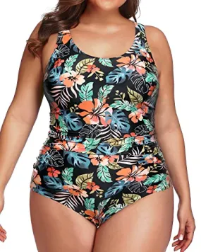 Full Coverage Tummy Control Ruched One Piece Swimwear For Plus Size Ladies-Black Red Flower