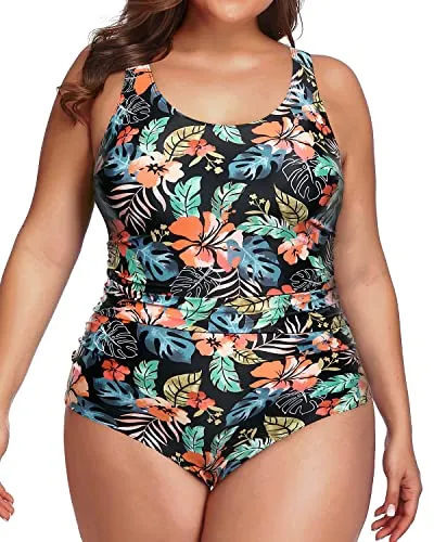 Full Coverage Tummy Control Ruched One Piece Swimwear For Plus Size Ladies-Black Red Flower