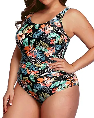 Full Coverage Tummy Control Ruched One Piece Swimwear For Plus Size Ladies-Black Red Flower
