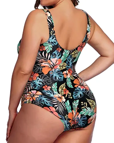 Full Coverage Tummy Control Ruched One Piece Swimwear For Plus Size Ladies-Black Red Flower