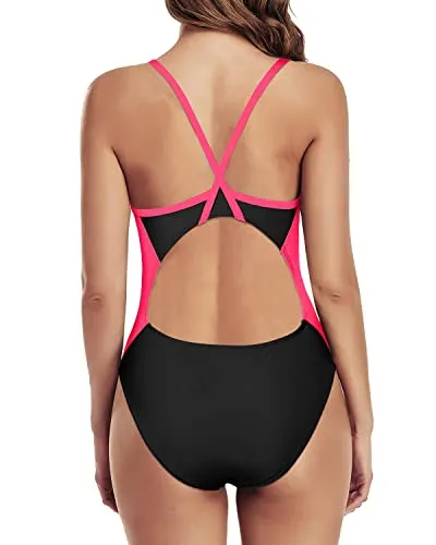 Full Lining Chlorine Resistant Swimsuits Sport Swimwear-Black Pink