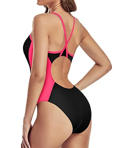 Full Lining Chlorine Resistant Swimsuits Sport Swimwear-Black Pink